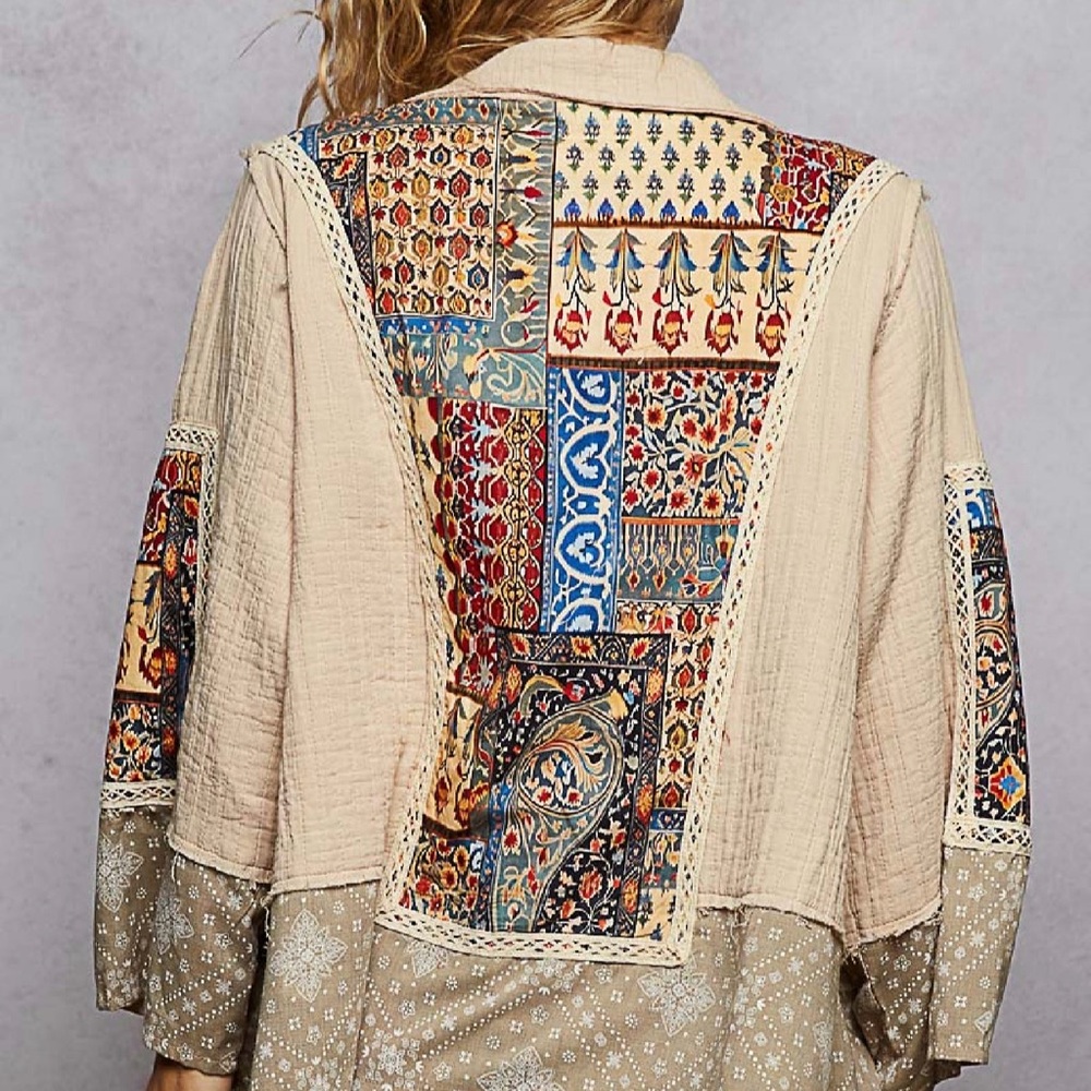 POL Cream Utility Jacket with Multicolor Patchwork Back